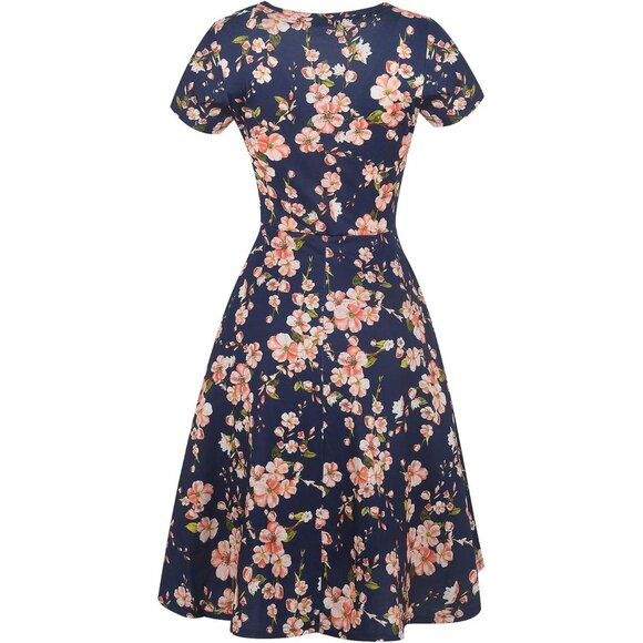 Women's Navy Elegant Knee Length Vintage A-Line Swing Dress with Pockets - Picture 5 of 6